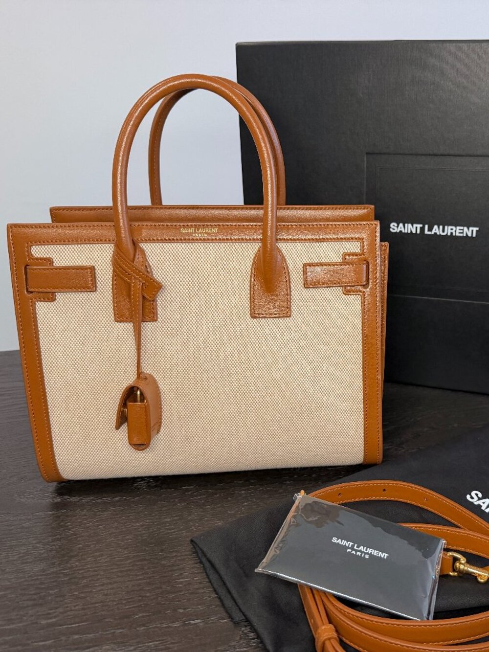 Saint Laurent Sac de Jour Baby Canvas Cognac Leather Bag w/ Box
